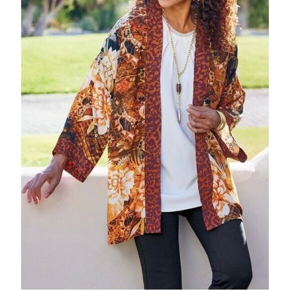 Soft Surroundings Womens Ariah Kimono Cardigan Duster Orange Floral size S M - Picture 1 of 13